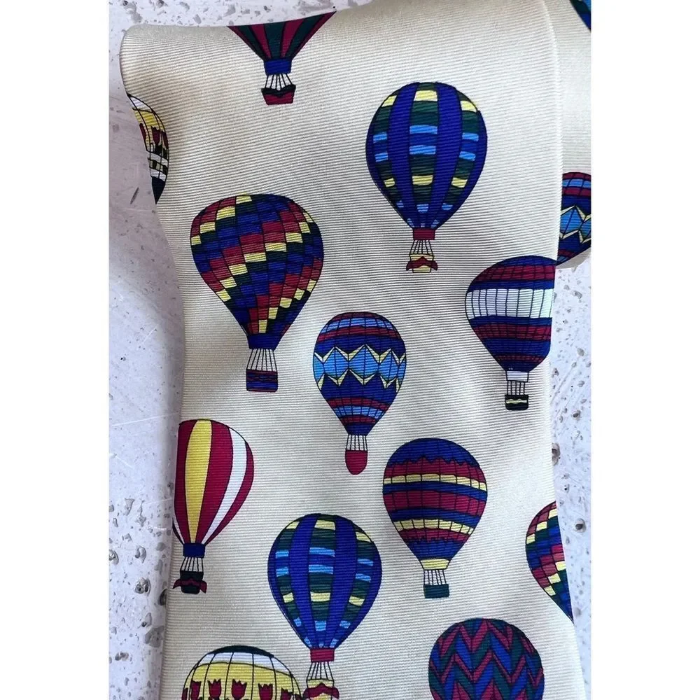 Cherry Blossom Festival Hot Air Balloon Silk Neck Tie Yellow Blue Red